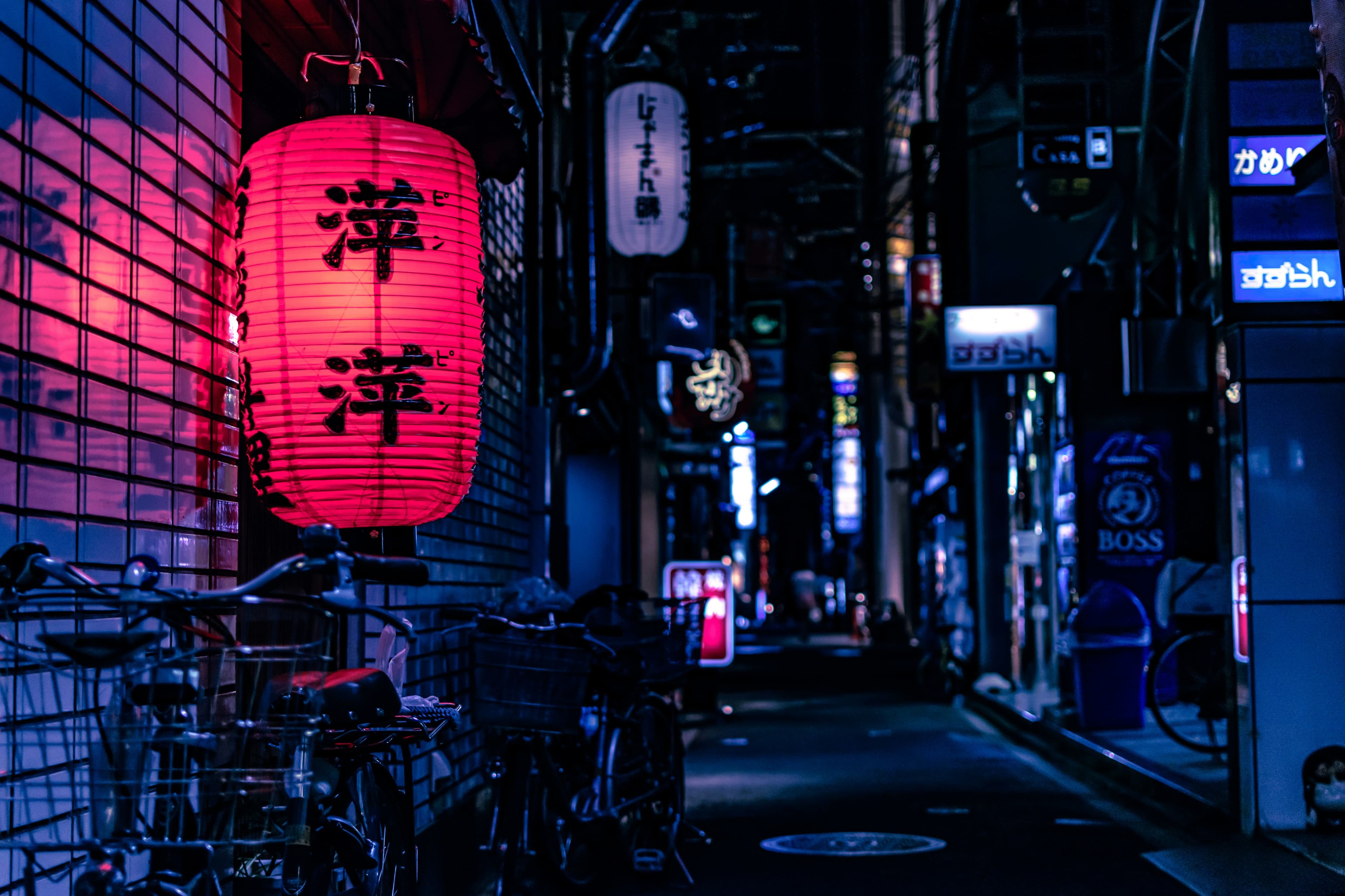 夜の路地。赤い提灯がひとつ、店の入口を示している。