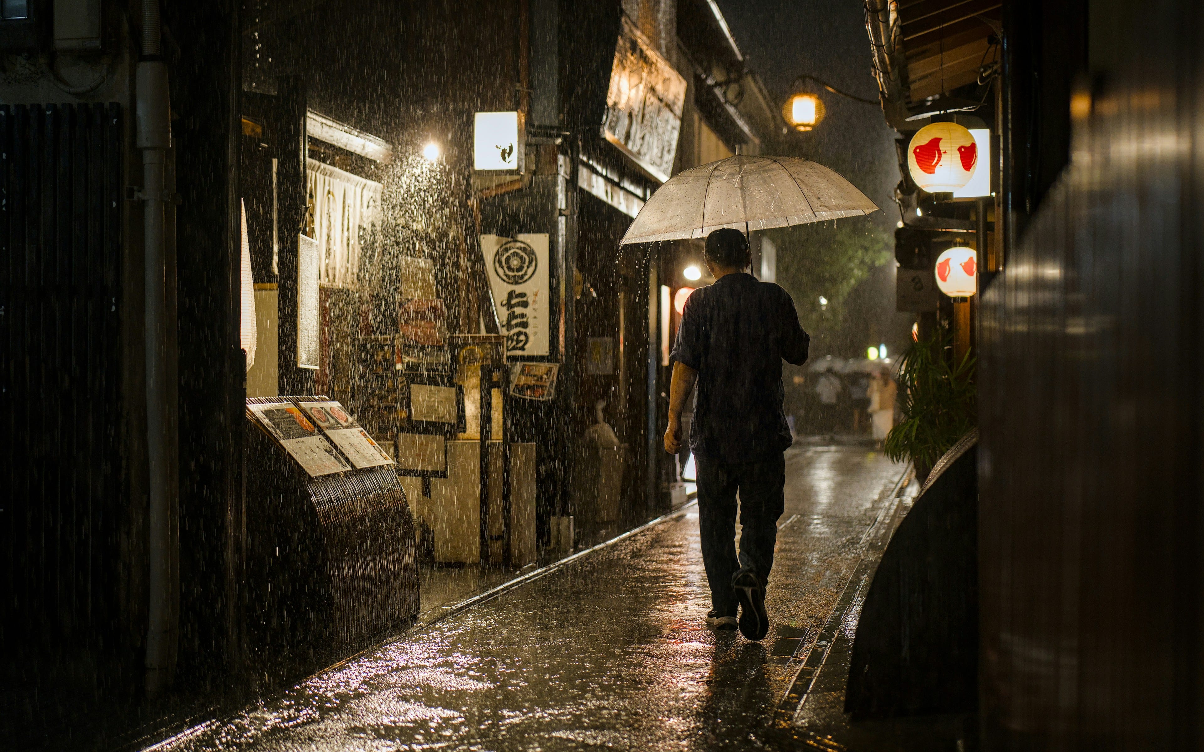 雨に濡れた京都・先斗町の夜の路地。提灯の灯りと傘をさす人影。